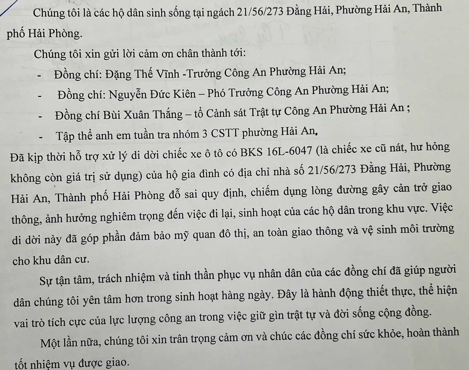 Nhân dân gửi thư cảm ơn tới Công an phường Hải An đã giải quyết tình trạng đỗ xe trái quy định 